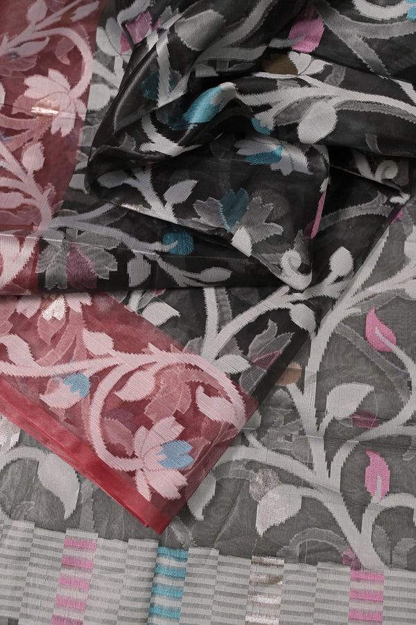 Organza Saree in Black and Red Color with Allover Meenakari Jaal Weaving Work