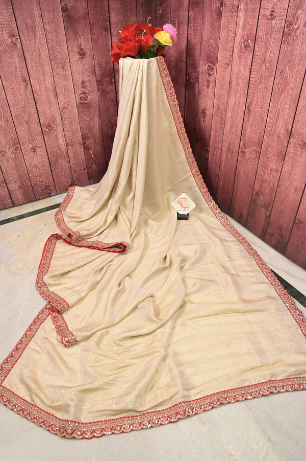Tissue Saree in Golden Color with Allover Brocade Work with Designer Border
