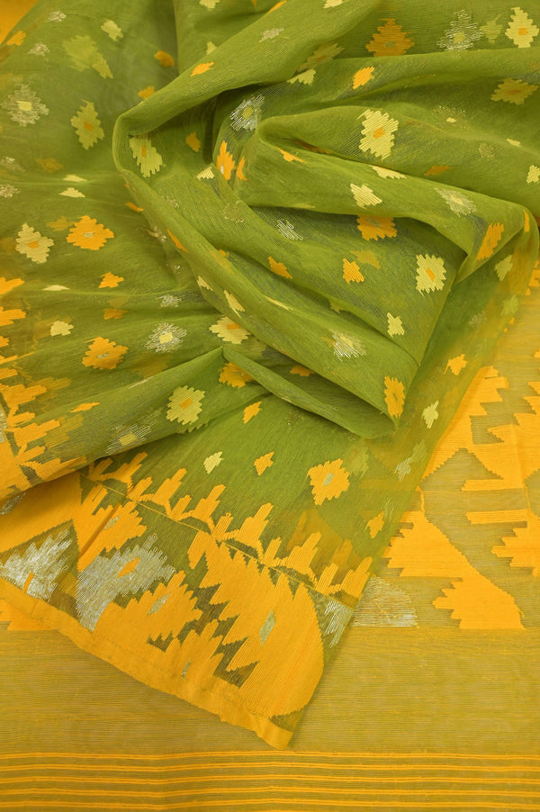 Bangladeshi Dhakai Cotton Jamdani Saree in Light Green and Yellow Color with Golden, Silver and Copper Zari Weaving Work