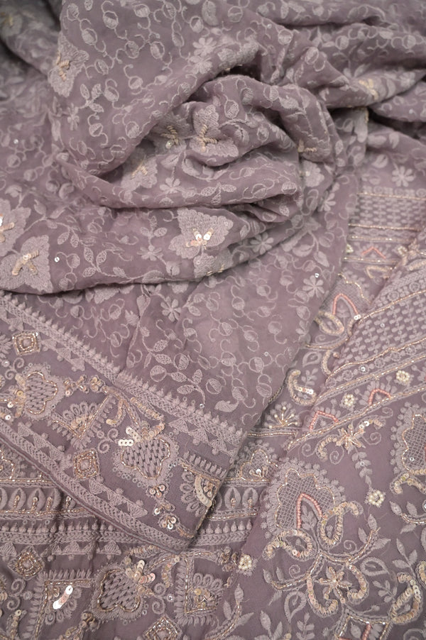 Chikankari Georgette Saree in Dusty Lavender Color and Sequin Embroidery with Piping Work