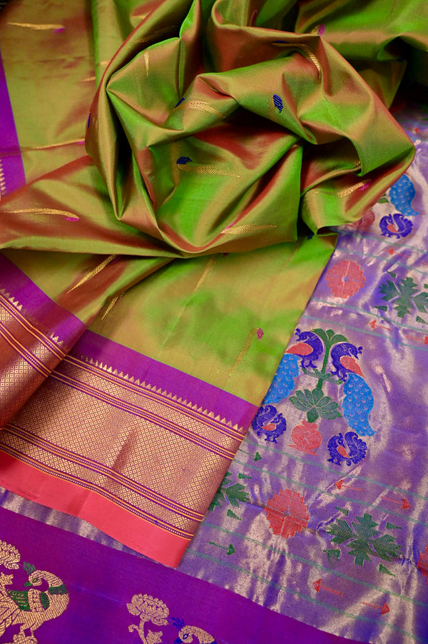 Pure Paithani Silk Saree in Mehendi Green Color with Allover Munia (Parrot) Meenakari Butta and Contrast Zari Pallu and Border