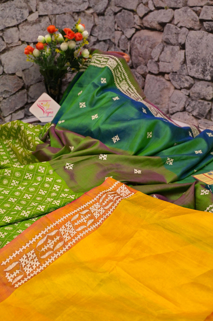 3D Multicolor Bishnupur Katan Silk with Hand Gujarati Embroidery Work