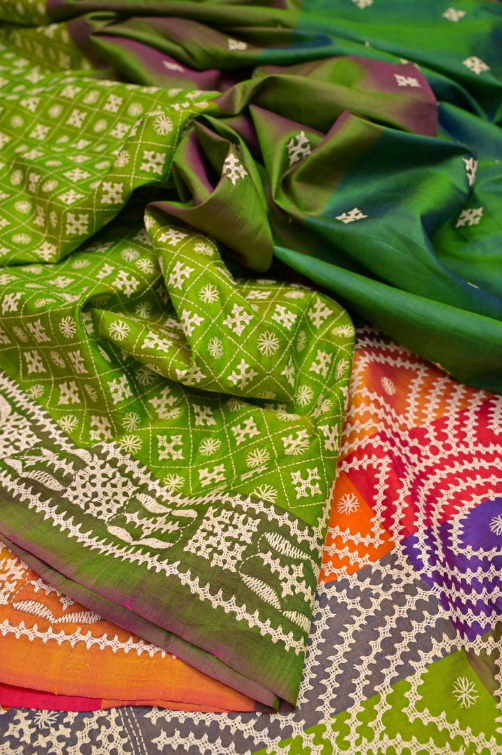 3D Multicolor Bishnupur Katan Silk with Hand Gujarati Embroidery Work