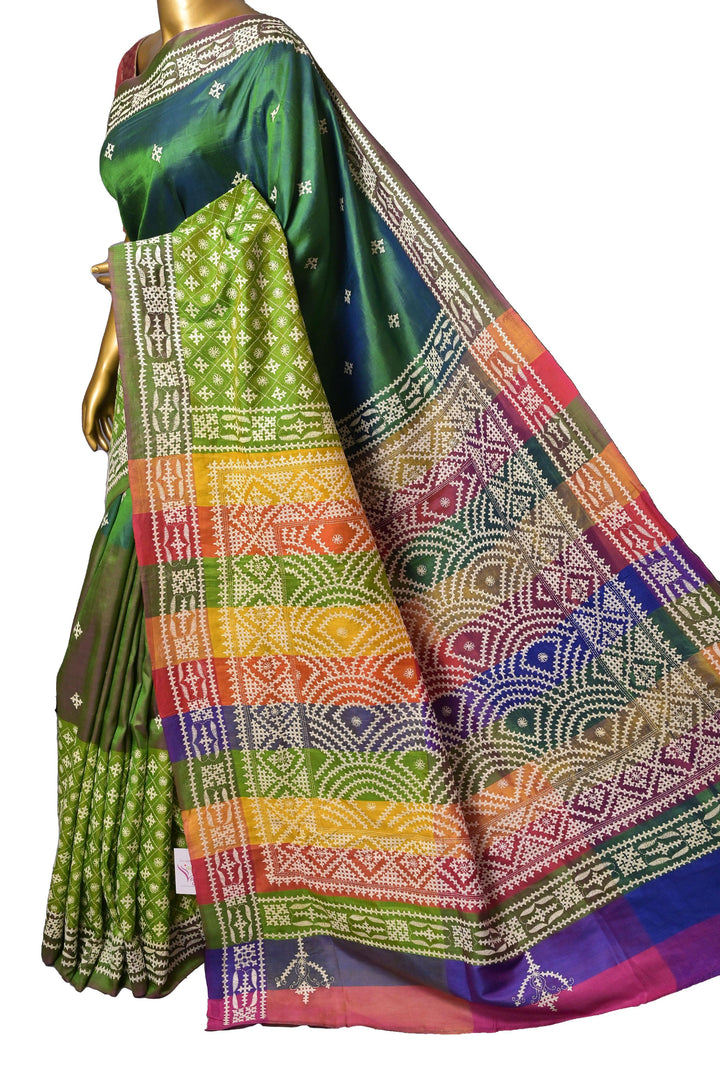 3D Multicolor Bishnupur Katan Silk with Hand Gujarati Embroidery Work