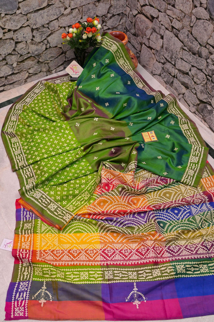 3D Multicolor Bishnupur Katan Silk with Hand Gujarati Embroidery Work