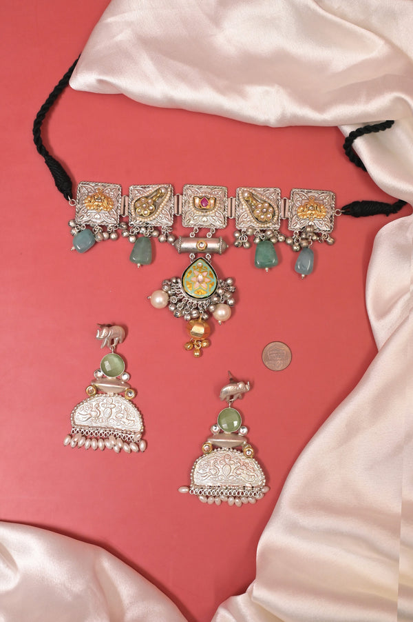 92.5 Silver Polish Gusion Art Style Choker Necklace Set with Pachi Kundan Work
