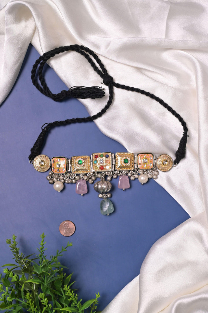 92.5 Silver Polish Marwar Style Choker Necklace Set with Monalisa Stone & Pachi Kundan Work