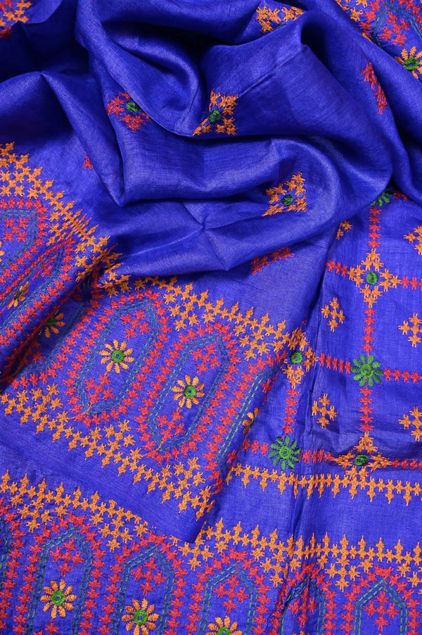 Pure Tussar Silk Saree in Indigo Blue Color with Allover Gujarati Mirror and Embroidery Work