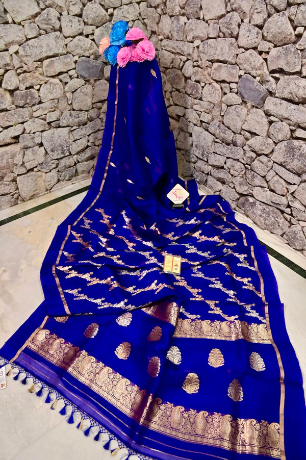 Indigo Blue Color Pure Kora Organza Saree with Silver and Golden Zari Weaving