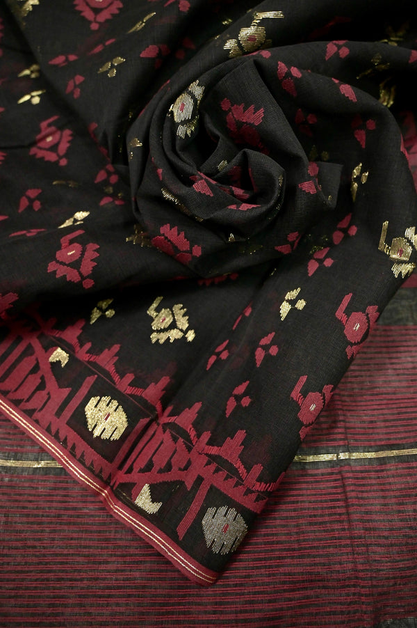 Pure Cotton Bangladeshi Dhakai Jamdani Saree in Coal Black and Maroon Color