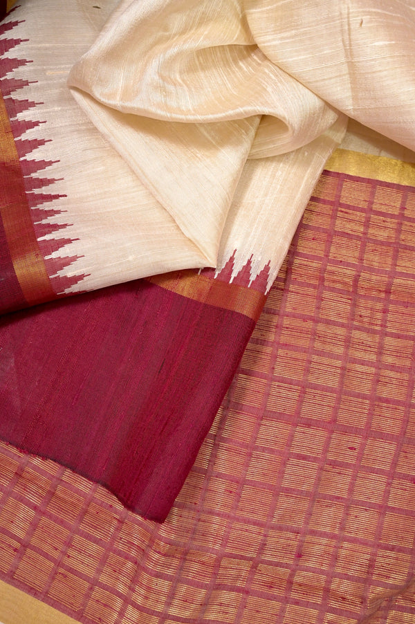 Pure Raw Silk Saree Offwhite and Wine Color with Contrast Color Temple Border and Zari Check Pallu