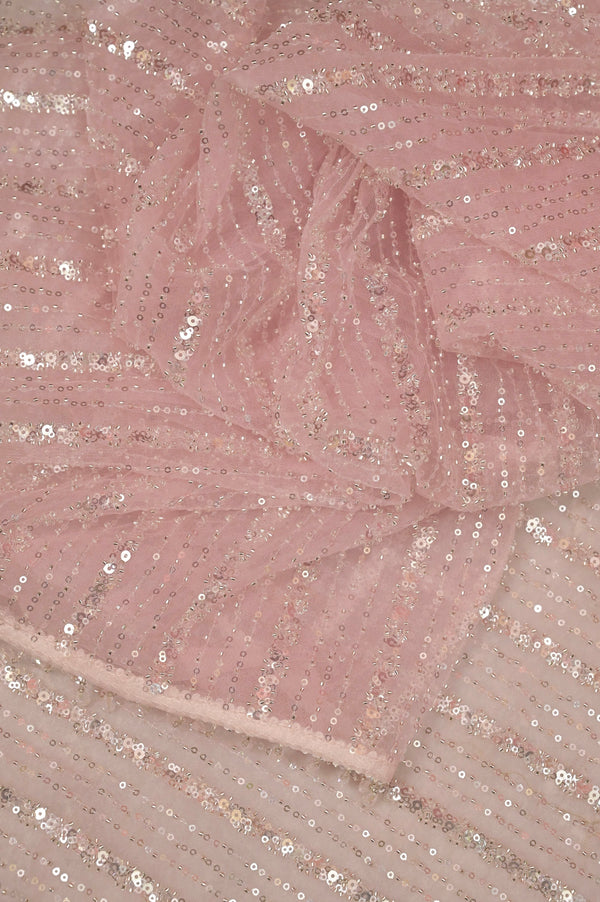 Designer Net Saree in Light Pink Color with Allover Sequin and Beads Embroidery with Bead Work Border