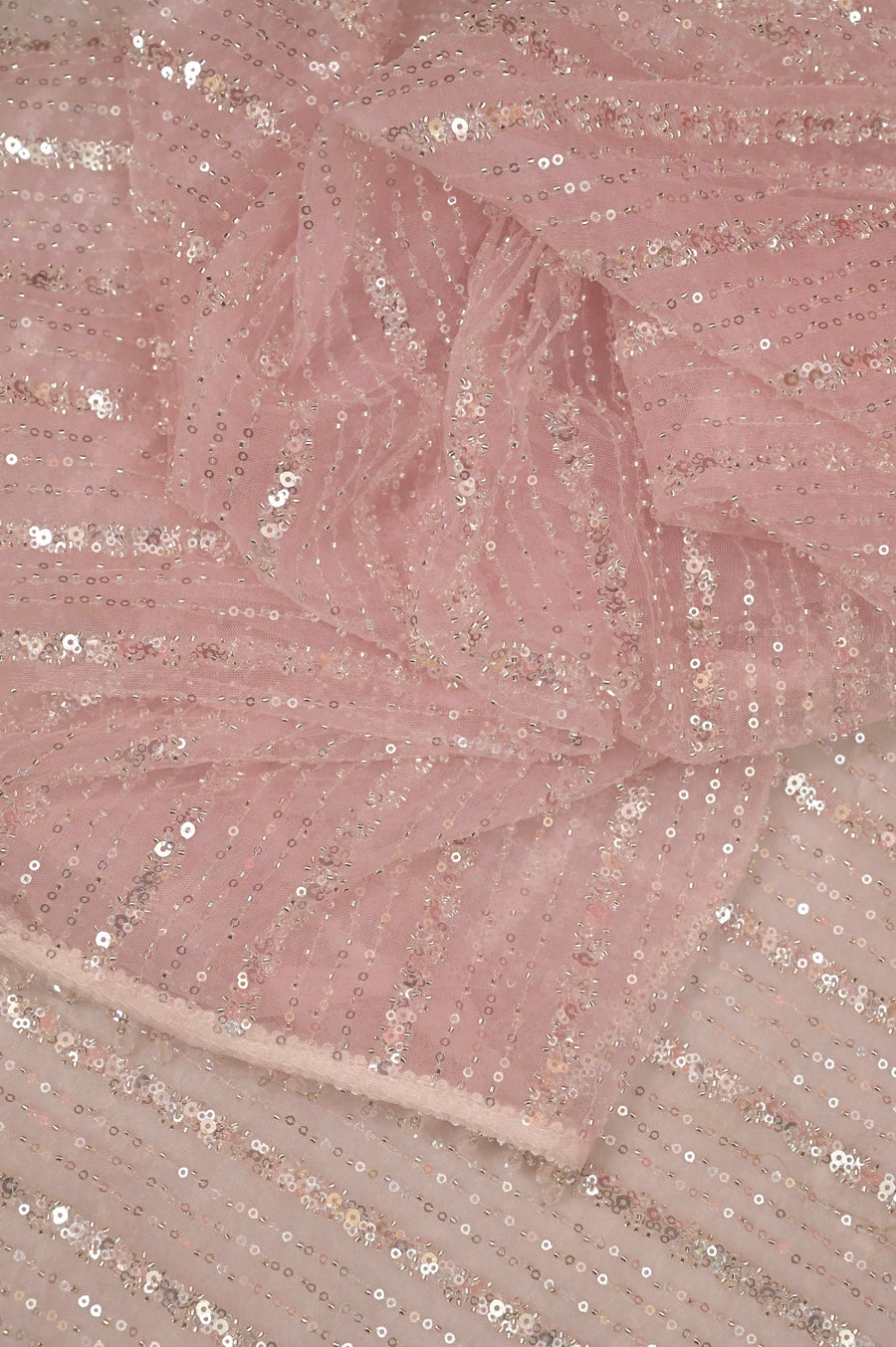 Designer Net Saree in Light Pink Color with Allover Sequin and Beads Embroidery with Bead Work Border