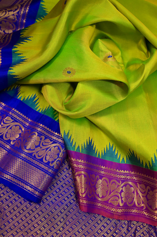Pure Gadwal Silk Saree in Parrot Green and Yellow Dual Tone Color with Allover Meenakari Buti with Ganga Jamuna Zari Border