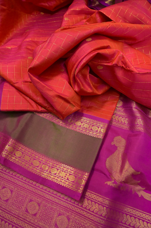 Pure Korvai Kanjeevaram Silk Saree in Orange and Purple Dual Tone with Allover Zari Checks and Butta Work with Gap Border