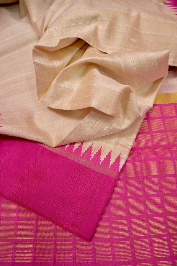 Pure Raw Silk Saree Offwhite and Magenta Color with Contrast Temple Border and Zari Check Pallu