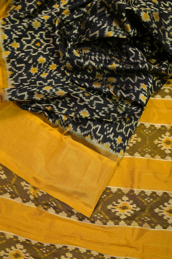 Black and Yellow Color Ikat Silk Saree with Allover Weaving Work
