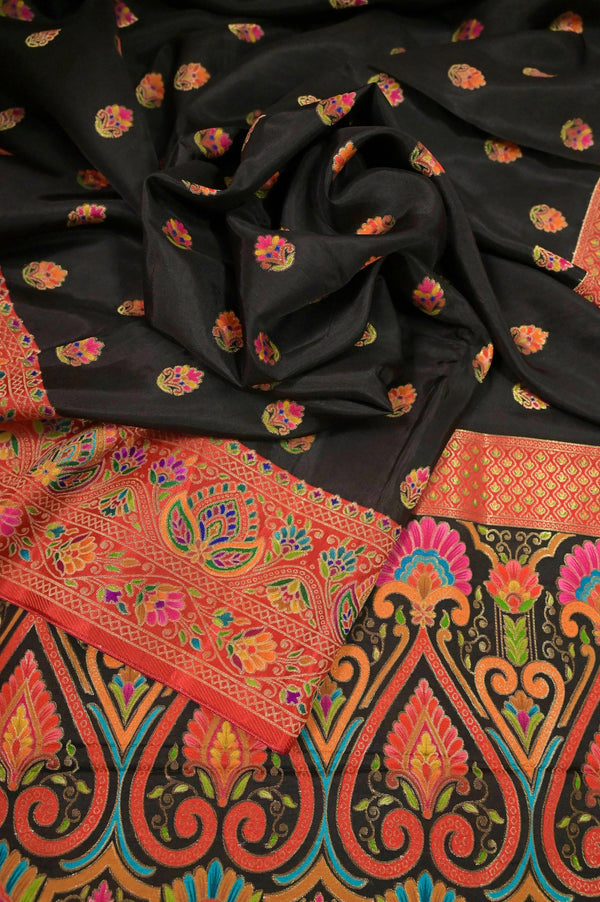 Muga Satin Saree in Asphalt Black Color with Allover Meenakari Jaal Weaving Work and Kani Style Weaving