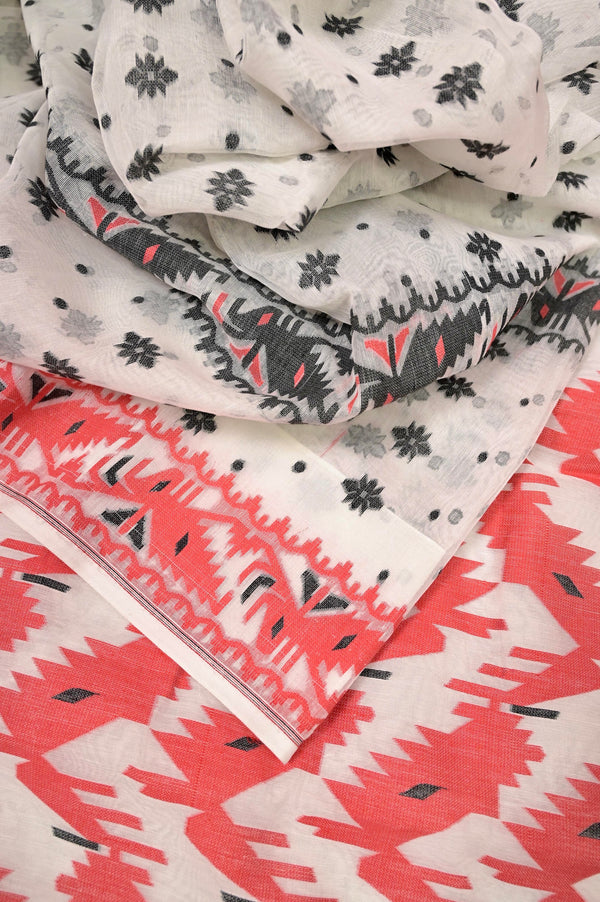 Jamdani Saree in Offwhite Color with Gap Border in Red and Allover Jamdani Weaving