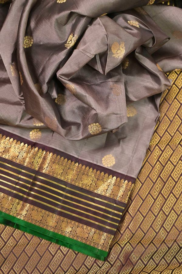 Pure South Silk Saree in Grey Color with Golden Buti and Zari Border