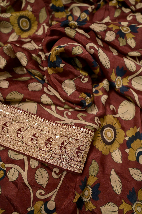 Crepe Silk Saree in Dark Maroon Color with Kalamkari Print Work and Designer Border