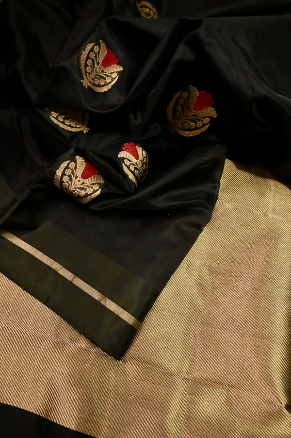 Pure Chanderi Banarasi Silk Saree in Onyx Black Color with Golden Zari Pallu and Big Meenakari Butta