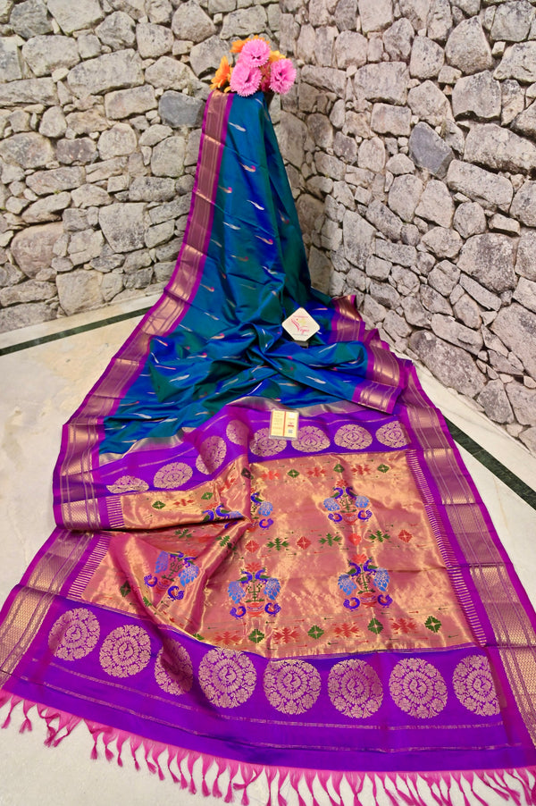 Pure Paithani Silk Saree in Blue and Green Dual Tone Color with Allover Munia Buti Work and Contrast Zari Border and Pallu