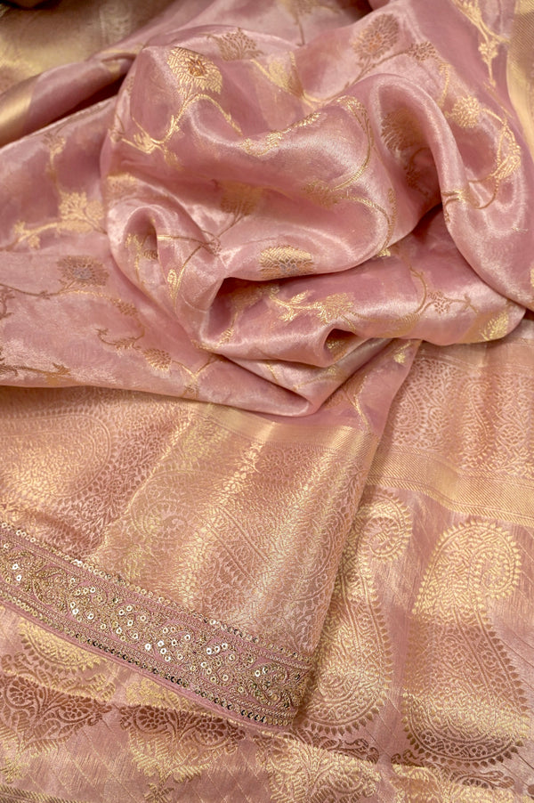 Pure Tissue Saree in Rosa Lavender Color with Allover Meenakari Jaal Work and Golden Designer Zari Border with Cod Piping Work