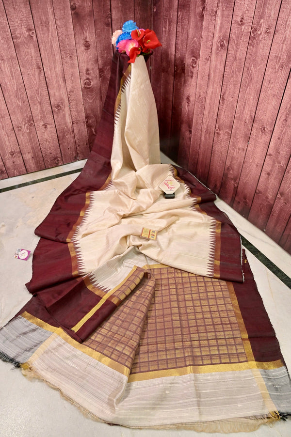 Pure Raw Silk Saree Offwhite and Brown Color with Contrast Color Temple Border and Zari Check Pallu