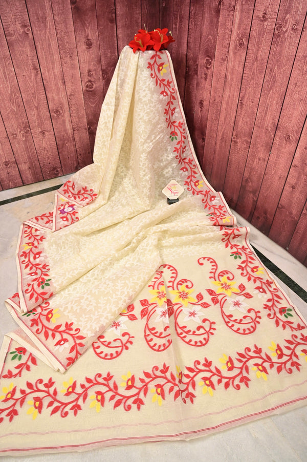Jamdani Saree in Ivory Cream Color with Allover Weaving and Contrast Pallu and Border