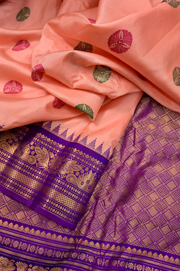 Pure Gadwal Silk Saree in Peach Pink and Purple Color with Allover Thread Weaving with Zari Border and Pallu