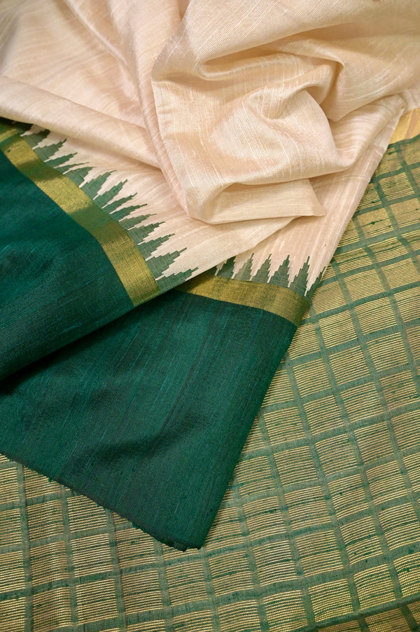Pure Raw Silk Saree Offwhite and Green Color with Contrast Color Temple Border and Zari Check Pallu