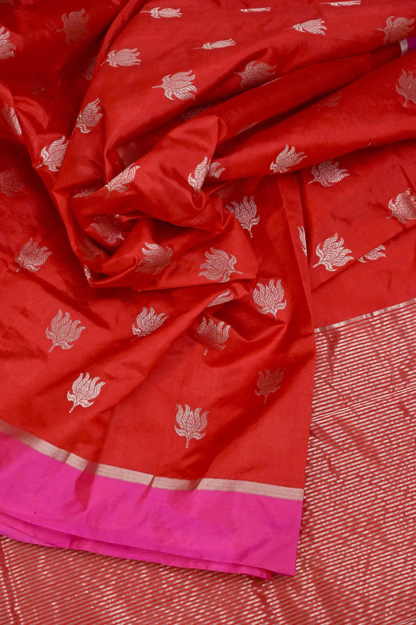 Pure Chanderi Banarasi Silk Saree in Red Color with Allover Silver Zari Lotus Butta with Silver Zari Deep Border