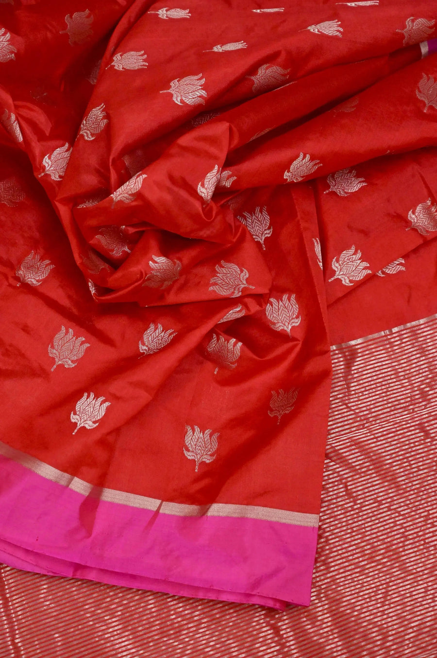 Pure Chanderi Banarasi Silk Saree in Red Color with Allover Silver Zari Lotus Butta with Silver Zari Deep Border