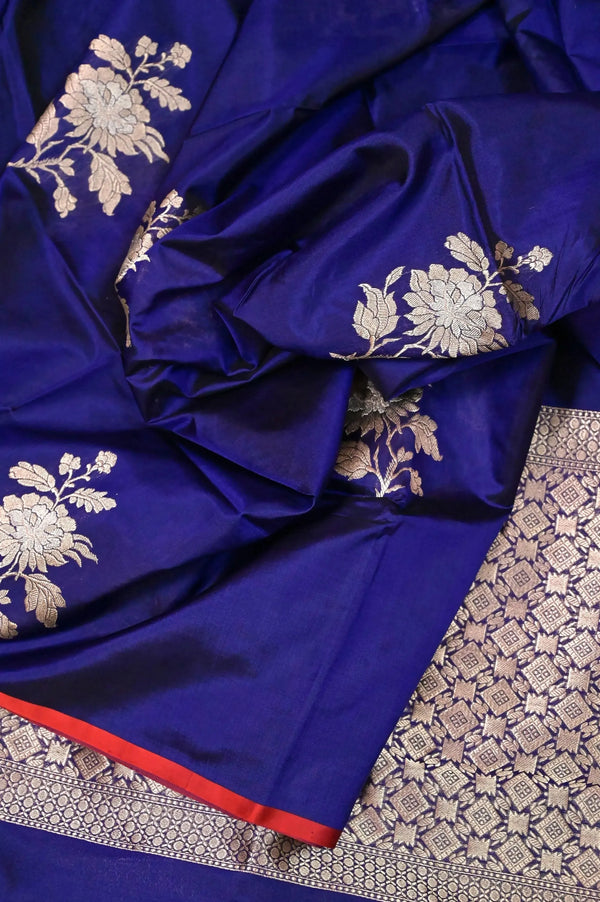 Admiral Blue Color Pure Katan Banarasi Saree with Allover Golden and Silver Butta Work