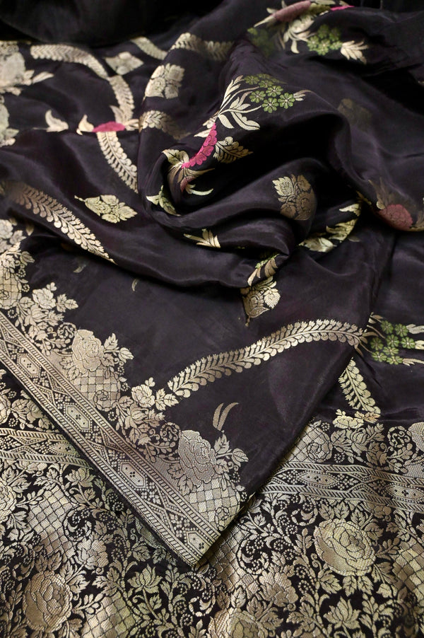 Aegean Black Color Dola Silk Banarasi Saree with Allover Jaal Meenakari Weaving Work