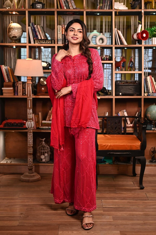 Apple Red Color Designer Sharara Set with Hand Embroidered Work Allover
