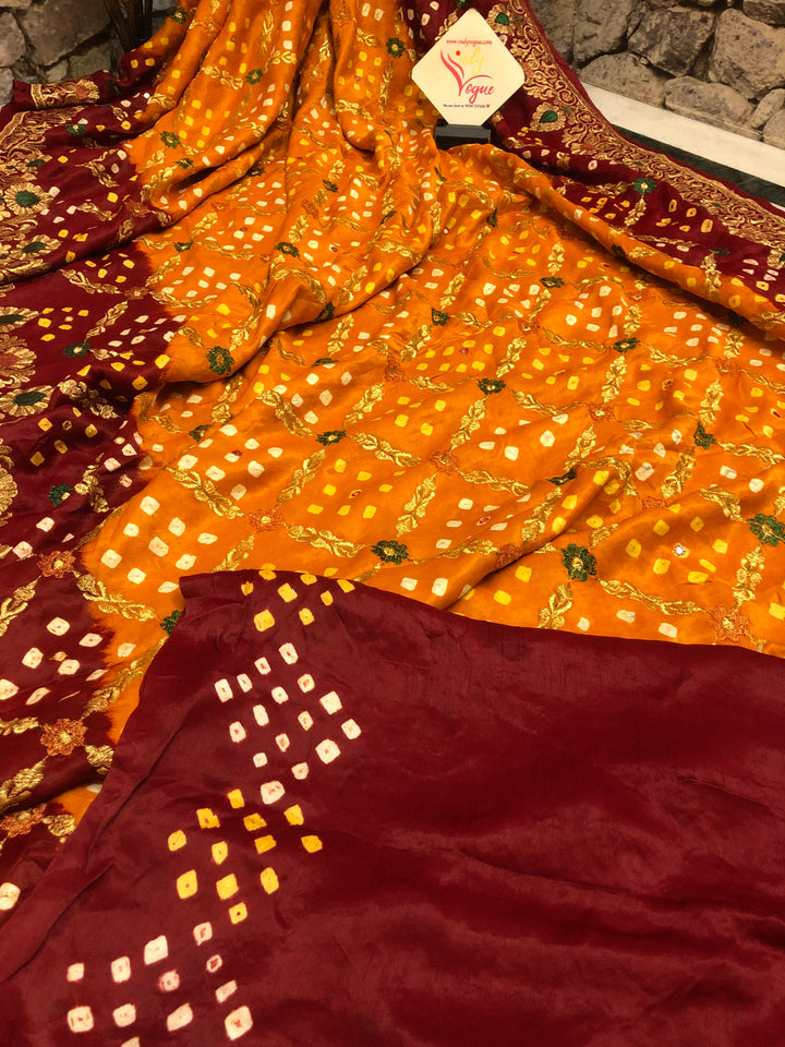 Apricot and Maroon Color Ghazi Gharchola Silk Saree with Mirror & Hand Bandhani Work