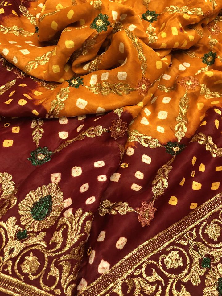 Apricot and Maroon Color Ghazi Gharchola Silk Saree with Mirror & Hand Bandhani Work