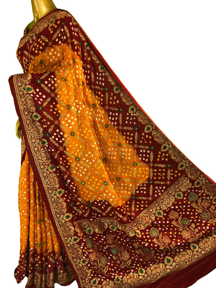 Apricot and Maroon Color Ghazi Gharchola Silk Saree with Mirror & Hand Bandhani Work