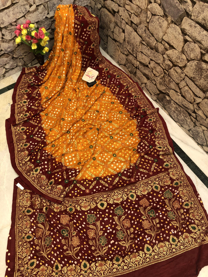 Apricot and Maroon Color Ghazi Gharchola Silk Saree with Mirror & Hand Bandhani Work