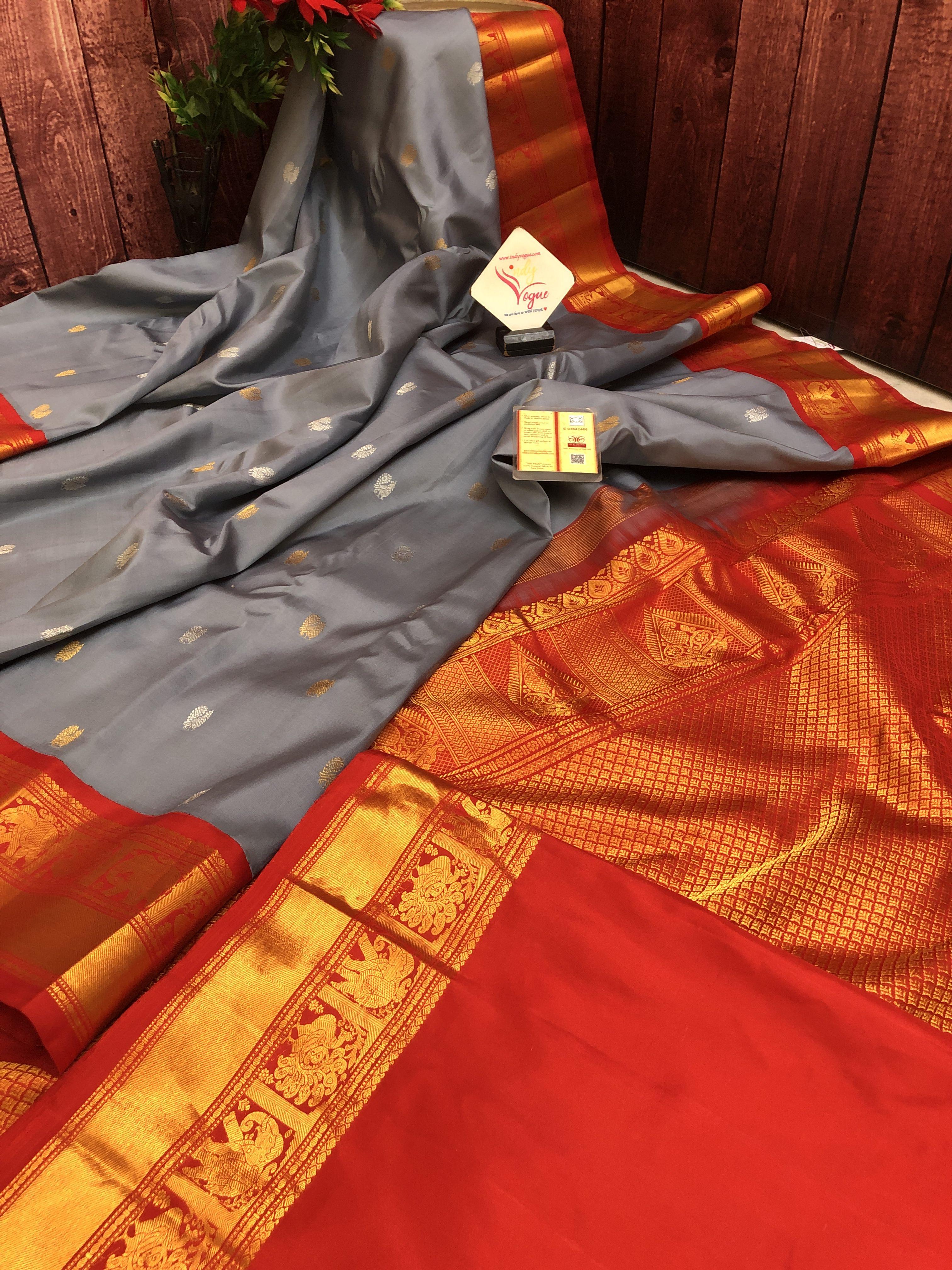 Buy pochampally ikkat silk saree in blends of ash and red color buy online