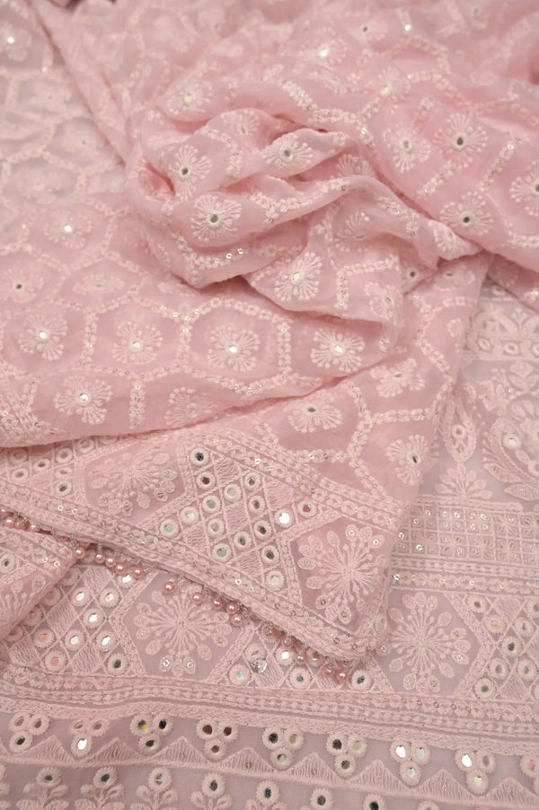 Baby Pink Color Georgette Saree with Allover Chikankari and Mirror Work and Pink Pearl Lace Border