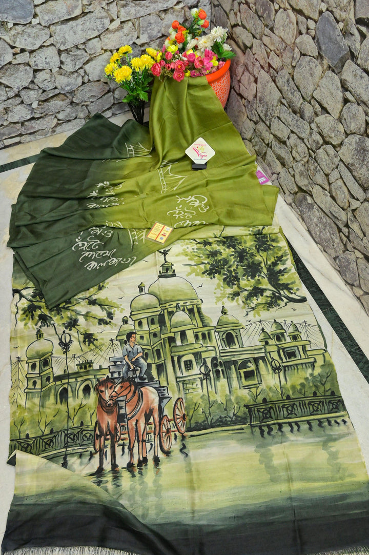 Banana Leaf Green Color Pure Bishnupur Katan Silk Saree with Kolkata Theme