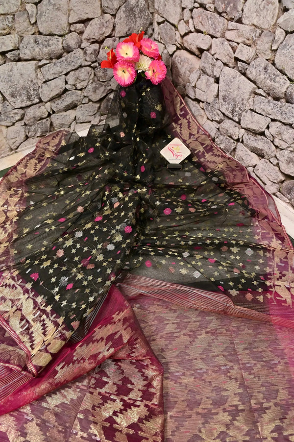 Bangladeshi Dhakai Jamdani Saree in Black and Magenta Color with Allover Silver and Golden Butta Work