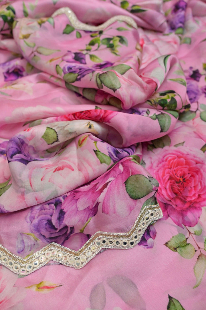 Barbie Pink Color Designer Satin Silk Saree with Digital Floral Print