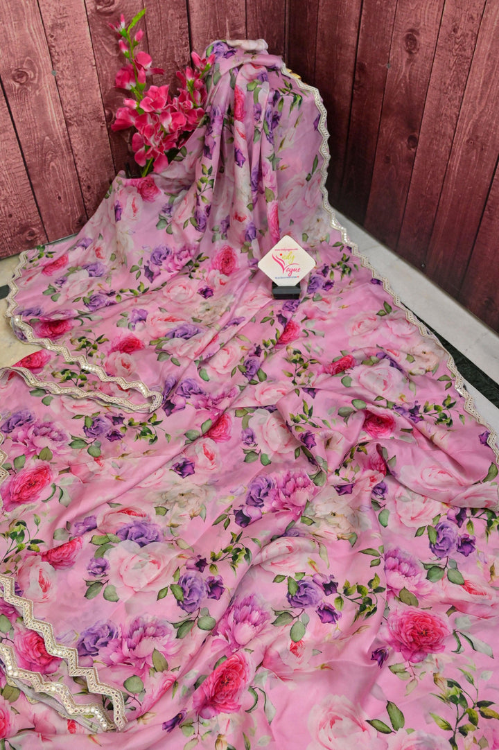 Barbie Pink Color Designer Satin Silk Saree with Digital Floral Print