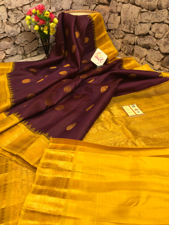 Beetroot and Mustard Golden Color Pure Gadwal Silk Saree