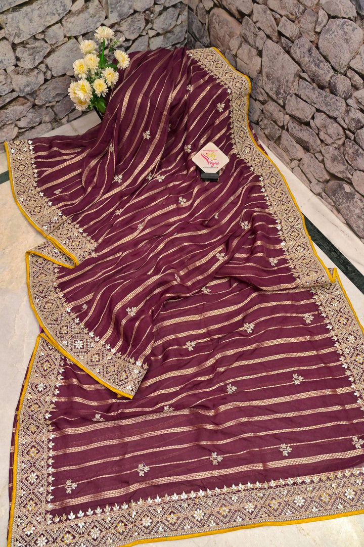 Beetroot Color Designer Georgette Saree with Zari Work and Piping Border