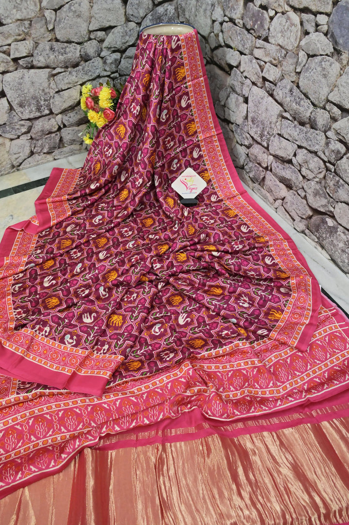 Buy Beetroot Color Ghazi Silk with Ikat Print At IndyVogue